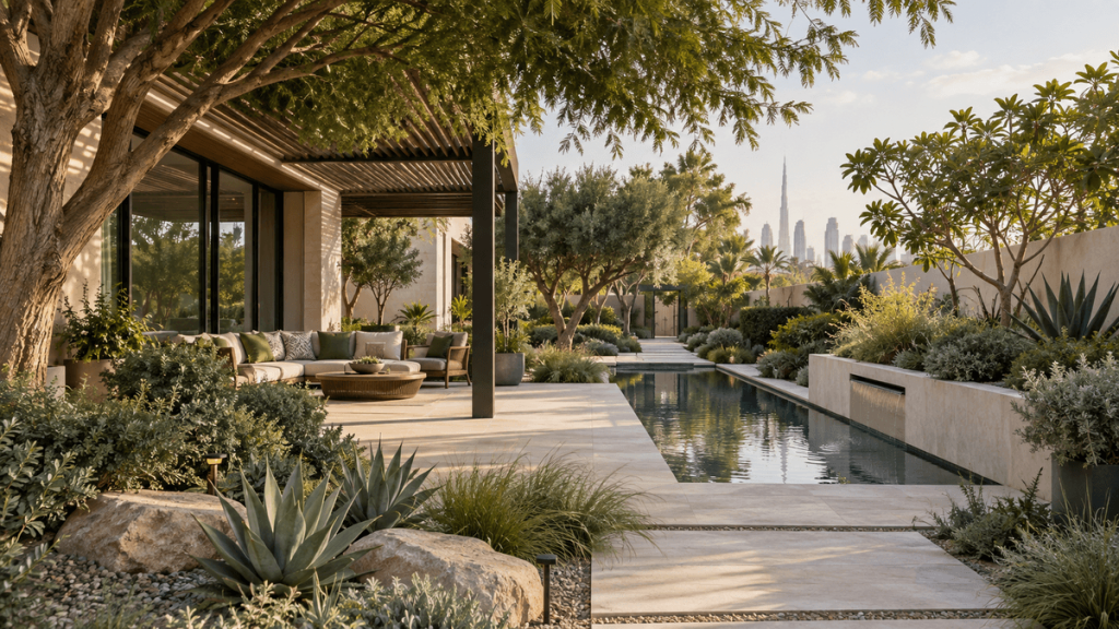 Shaded Dubai villa garden with pool and climate-adapted planting